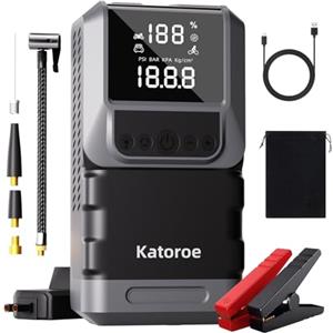 katoroe Avviatore Batteria Auto con Compressore 150 PSI, 6000A Avviatore Emergenza per Auto/Moto per (10L Gas 8L Diesel), 12V Jump Starter Booster Avviamento Auto 400 lumen LED/Ricarica USB-C, Display LED