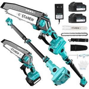 Stanew Motosega telescopica con asta 2 in 1 STANEW, Motosega Telescopica Brushless, 2*4000mAh Batterie,6 Pollici, Max 4.55M, Regolazione multi-angolo da 0-120°，display LCD, Per potatura di alberi da giardino