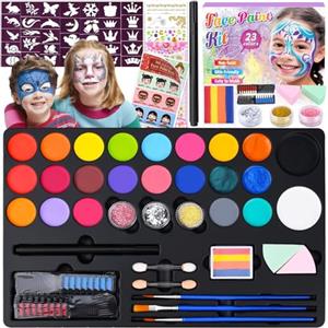 TEGOVE Truccabimbi Kit,23 colori Body Painting Colori Con 33 Stampini E 5 Pennelli,Face Painting Colori,Corpo Pittura Viso E Corpo,Pittura Corpo,Trucca Bimbi Make-Up Per Halloween,Carnevale,Natale