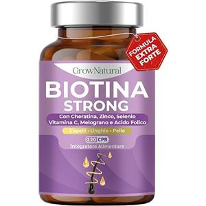 GrowNatural BIOTINA STRONG - Integratori per Capelli - Biotina Cheratina e Zinco - Vitamine per Crescita Capelli e anticaduta Donna e Uomo - 120 Compresse con Melograno, Vitamina C, Acido Folico e Selenio