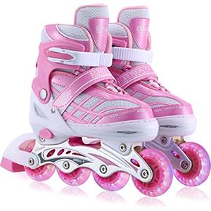 Ylaide Pattini in Linea per Bambini Regolabili,4 Misure Regolabili con Ruote Luminose per Ragazze Principianti(Rosa, S (EU28-32))