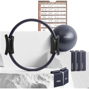PhysKcal Pilates Kit, Anello Pilates con Palla Core Ball, 3 Elastici Resistenti e Fasce Elastiche, Kit Essenziale per Pilates a casa su Tappetino (Set Completo Blu Navy)