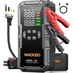NACKEO Avviatore Batteria Auto con Compressore 160PSI, 8000A Booster Avviamento Auto (Motori Fino a ALL Gas o 12L Diesel), 12V Avviatore di Emergenza con Cavi Avviamento, LED, Schermo LCD e scatola