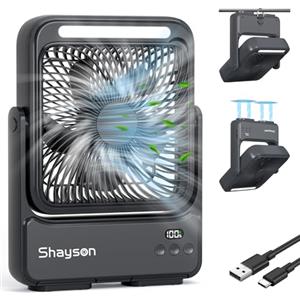 Shayson Ventilatore Portatile 20000mAh Campeggio USB Ventilatore da Tavolo con Luce LED, 4 Velocità, 12-43 ore di Funzionamento, Smart Display, Riduzione del rumore, per Ufficio, Casa ed Esterno (Nero)