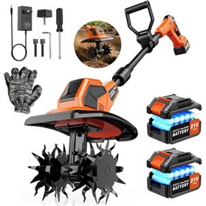 Yospinber Motozappa elettrica da 21 V, con 2 batterie da 3,0 Ah e caricabatterie, larghezza di lavoro 23 cm, profondità 17 cm, Velocità 400 rpm, Motozappa per Orto Elettrozappa, Motozappa per terreni