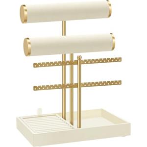 SONGMICS Porta Bracciali, Espositore per Gioielli, Portagioie con 2 Supporti per Braccialetti, Porta Orecchini, Vassoio in Velluto, Porta Anelli Rimovibile, Bianco Crema e Oro Pallido JJS046W101