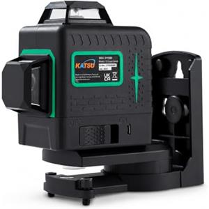 KATSU Tools KATSU Livella laser Autolivellante verde 3x360°, 3D Livello Laser 12 Linee, Linea Trasversale Verde Orizzontale Verticale Strumento Laser con Modalità Impulsi per Interni ed Esterni, con Batterie 2X