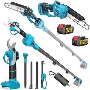 highsam Mini motosega da 8 pollici e forbici da giardino elettriche a batteria, set di attrezzi da giardino 4-in-1, con batteria 2×4.0ah, asta di prolunga fino a 4.2m, motore brushless, potatore elettrico ad