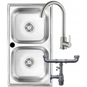 DomoDomo - Lavello da cucina in acciaio inox 78x43 cm - Lavello da incasso in acciaio inox 2 vasche - Set lavello con rubinetto - Sifone da cucina con attacco per elettrodomestici