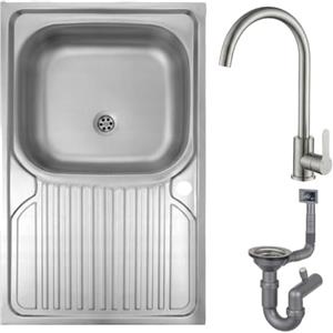 DomoDomo - Lavello da cucina in acciaio inox 78x43 cm - Lavello da incasso in acciaio inox 2 vasche - Set lavello con rubinetto - Sifone da cucina con attacco per elettrodomestici