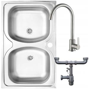 DomoDomo - Lavello cucina 2 vasche acciaio inox 80x50 moderno - cucina lavello completo con sifone e rubinetto - lavello cucina in acciaio inox sovrapposto al mobile