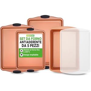 NutriChef Set 5 Teglie da Forno Antiaderente, Biscotti Impilabili, Teglia Arrosto Coperchio, Maniglie Silicone, Facili da Pulire, Rame