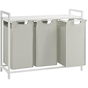 VASAGLE Cesto Portabiancheria, Porta Biancheria, 3 Sacchi in Tessuto Rimovibili, Piano d'Appoggio, Metallo, 3 x 40 L, 92,5 x 33 x 72 cm, Bianco Crema e Bianco Opaco BLH301W01