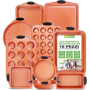 NutriChef Set di 10 Pezzi di Teglie da Forno Antiaderenti in Acciaio Carbonio, Include Lame per Biscotti, Stampo Muffin e Torte, Croccante per Pizza, con Manici in Silicone, Rame