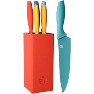 MasterChef Set Coltelli da Cucina con Ceppo Universale, Portacoltelli con Lama Affilato per Pane, Carne, Verdure e altro, Acciaio Inox, Prova di Calore, Manici Multicolori, 5 Pezzi