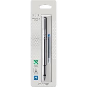 PARKER Vector Penna Stilografica con Finiture Cromate, Punta Media, Inchiostro Blu, Confezione in Blister, Acciaio Inossidabile