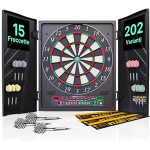 Ultrasport Tavola da Freccette Elettronica con Porte, Classic Dart per 16 giocatori, gioco di freccette con display a LED, 38 giochi con 12 freccette morbide e porte con serratura