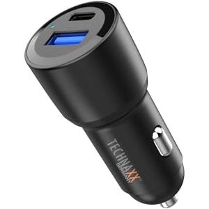 Technaxx TX-306, doppio caricabatterie per auto da 60W, adattatore per caricabatterie da 2 porte per accendisigari con uscita USB Type-C e USB-A, PD da 30 W e QC3.0, ricarica dinamica PPS