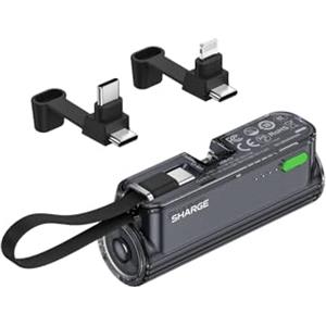 SHARGE Flow Mini 2 Power Bank 22.5w Max, Kleine Powerbank für Unterwegs, Schnelllade-Akkupack mit Lightning- und USB-C-Anschluss, Tragbares Ladegerät mit Integriertem Kabel für iPhone 16/15/14, Galaxy