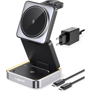 Augnner 3 in 1 Caricatore Wireless Stazione, Stazione di ricarica Pieghevole Compatibile con MagSafe Charger, Rapida Wireless Phone Charger Stand per iPh0ne 16/15/14/13/12 Série, 2/3/Pro, Apple Watch
