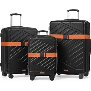 SONGMICS Valigie Rigide, Trolley da Viaggio, Chiusura TSA, Cinghie Incluse, Bagagli in ABS con 4 Ruote Doppie, Set di 3, Espandibile, da Cabina, M/L/XL, 55/65/75 cm, Nero Inchiostro RLP004B101