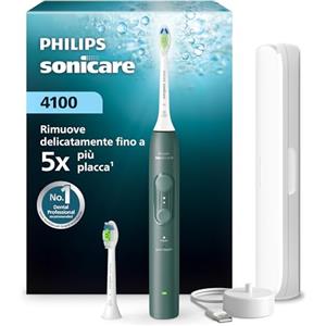 Philips Spazzolino elettrico sonico Philips Sonicare Serie 4100 - Sensore di pressione, 4 impostazioni, EasyStart, SmarTimer, autonomia 21 giorni, custodia, verde bosco, HX4042/46, [Nuovo]