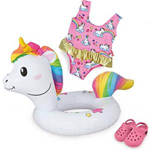 Heless 66 - Set da Nuoto per Bambole, 3 Pezzi, Motivo: Unicorno Henri, Costume da Bagno, Zoccoli e Anello Galleggiante, Misura 35-45 cm, per Divertimento nelle Calde giornate estive, Colore: Rosa