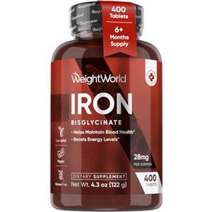 WeightWorld Ferro Integratore Tipo Bisglicinato in 400 Compresse Vegane (6+ Mesi), 28mg per Dose, Il Ferro Contribuisce alla Normale Formazione dei Globuli Rossi e dell'Emoglobina (EFSA), Senza Magnesio Stearato