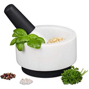 Relaxdays Mortaio e Pestello, Marmo, Silicone, Resistente, per Erbe Aromatiche e Spezie, in Pietra, D: 14 cm, Bianco