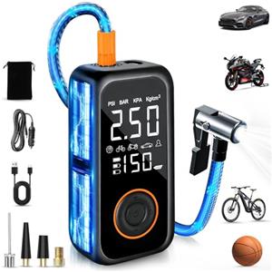 Dictien Compressore Aria Portatile Auto, 8000mAh Mini Compressore Portatile,150PSI Pompa Bici Elettrica con Schermo LCD Digitale e Torcia LED, Gonfiatore Pompa Elettrica per Bicicletta, Auto, Moto, Palloni