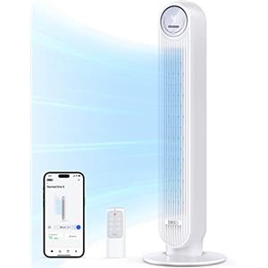 DREO Ventilatore a Torre Smart Silenzioso, Potente 7.6 m/s, Ventilatori a Colonna con Telecomando, 4 Modalità, 4 Velocità, Oscillazione a 90°, Timer da 1 a 8 ore, Schermo LED, Compatibile con Alexa