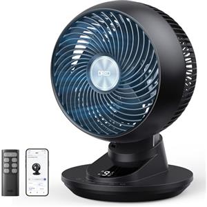 DREO ventilatore da tavolo intelligente 3D per camera, flusso d'aria potente 8,8 m/s, ultra silenzioso 22 dB, oscillazione 90°, controllo app e vocale, 9 velocità, timer 8/12 h per casa e ufficio.