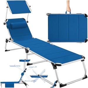 tectake® Sdraio da Mare, Sdraio da Spiaggia Pieghevole con Parasole, Sedia da Giardino, Schienale Regolabile 6 Posizioni, Telaio in alluminio, Cuscino Poggiatesta Removibile e Tasca Laterale - Blu