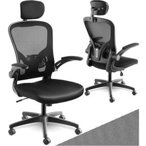 tectake® Sedia da Ufficio Ergonomica, Schienale Alto con Poggiatesta Regolabile, Sedia Ufficio con Supporto Lombare, Altezza Regolabile, Braccioli Pieghevoli, Rivestimento in Tessuto a Rete - Nero