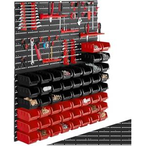 tectake® Scaffale plastica porta minuteria, portaminuteria da parete con 56 cassette, organizer viti e utensili, scaffale garage portautensili officina, parete attrezzata garage - 4 Pannelli