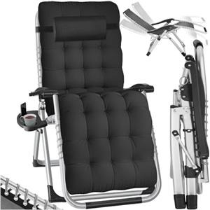 tectake® Sdraio da Giardino, Sdraio Lettino Prendisole Richiudibile, Sdraio Mare con Cuscino Poggiatesta, Tessuto Traspirante, Schienale con Regolazione Continua, Ripiano Portaoggetti - Nero