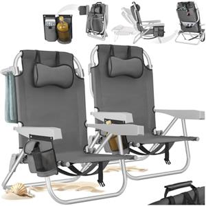 tectake® 2 Sedia da Spiaggia, Spiaggina Pieghevole Funzione Zaino, Sedie da Giardino, Telaio Alluminio, Sdraio Da Spiaggia, Schienale Regolabile, Sdraio pieghevole, Borsa Termica, Sedia Mare - Grigio