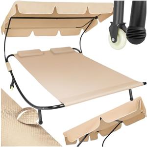 tectake® Lettino Prendisole Doppio con 2 Cuscini da Esterno, Robusto Telaio in Metallo, Comode Rotelle, Tenda da Sole Pieghevole, Resistente agli Agenti Atmosferici - Nero/Beige
