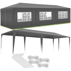 tectake® Gazebo Esterno Resistente 9x3 m, Impermeabile, con 8 Pareti Laterali Rimovibili, Protezione UV, Telaio in Acciaio, Tendone per Feste, Matrimoni, Campeggio, Gazebi Terrazzo Esterno - Grigio