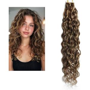 Larafona Tape in Hair Extension Capelli Veri Riccio, Biadesivo Estensione Capelli Curly Naturali Balayage Marrone/Biondo P4/27# 20pcs, 50g 14inch/35cm