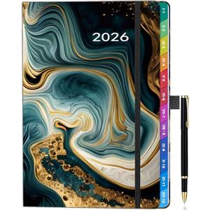 HwxBen Agenda settimanale A5 2026 - Gen-Dic, colore nero, motivo in marmo, etichette mensili, portapenne, segnalibri, tasca interna