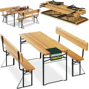 BAKAJI Set 3 Pezzi Birreria con Tavolo Pieghevole e Panche da Esterno, Struttura in Acciaio Comoda, Seduta Ergonomica e Resistente, Ideale per Giardino, Bar, Campeggio, Sagra (170 cm con Schienale)