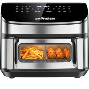 Emphsism Friggitrice ad Aria 12 Litri - Doppia Resistenza Airfryer, 2600W XXL Doppio Cestello Air Fryer, Flessibile 1 o 2 Zone, 13-in-1 con Schermo Touch, Finestra con Luce Interna, Grande per 4-7 Persone