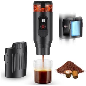 GJCrafts Macchina per caffè espresso elettrica portatile, 2 In 1 Macchina Caffe, 5 Minuti Auto-Riscaldamento, 20 bar, con USB-C, Compatibile con Capsule e Caffè Macinato, per viaggi, campeggio (Nero)