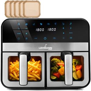 LEHMANN Friggitrice ad Aria Doppio Cestello 9L [2x4,5L], 2400W, Controllo WiFi, 12 Programmi & Regolazione Manuale 80-200°C, Schermo Touch, Air Fryer XXL ideale per le Famiglie Numerose con Bambini