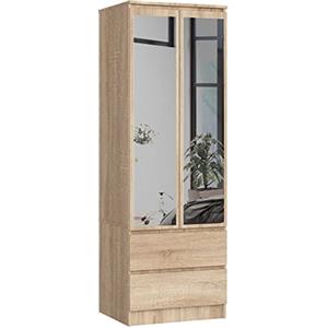 AKORD | Armadio con Specchio S | 60 cm Due Ante | 2 Cassetti con ripiani e Asta Appendiabiti | Mobiletto Cameretta Camera da Letto | Guardaroba | Pannello in laminato 16 mm | Rovere Sonoma