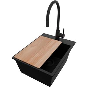 PRIMAGRAN Lavandino da Cucina Tutto Nero 38x50cm, Lavello in Granito a 1 vasca + Rubinetto 40x38cm + Set di accessori, Lavabo da Cucina Incasso al Mobile 40cm - Riga S096