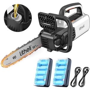 Litheli Motosega a Batteria per Potatura, Motosega Elettrica a Batteria Brushless da 30cm, Lubrificazione Automatica, Sicurezza Design per il Taglio Del Legno e Giardini