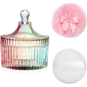 OGANAZI Barattolo per polvere in vetro con 2 nappe per bambini, colorato per il corpo, con nappa in polvere rosa e bianco, per talco, trucco, cipria, organizer per camera da letto e donna