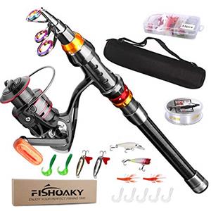 FISHOAKY Canna da Pesca Spinning, FishOaky Fibra di Carbonio Canne Pesca Telescopica per Acqua Salata & Acqua Dolce | Bambini e Adulti | Barca, Surf, Lago, Daiwa, Diga, Mare, Junior (1.8M Fishing Rod Set)